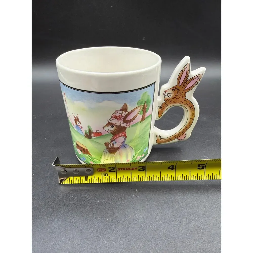 Vintage Art Mark Easter Bunny Rabbit Handle Ceramic Mug Kite Garden Scene 8 Oz